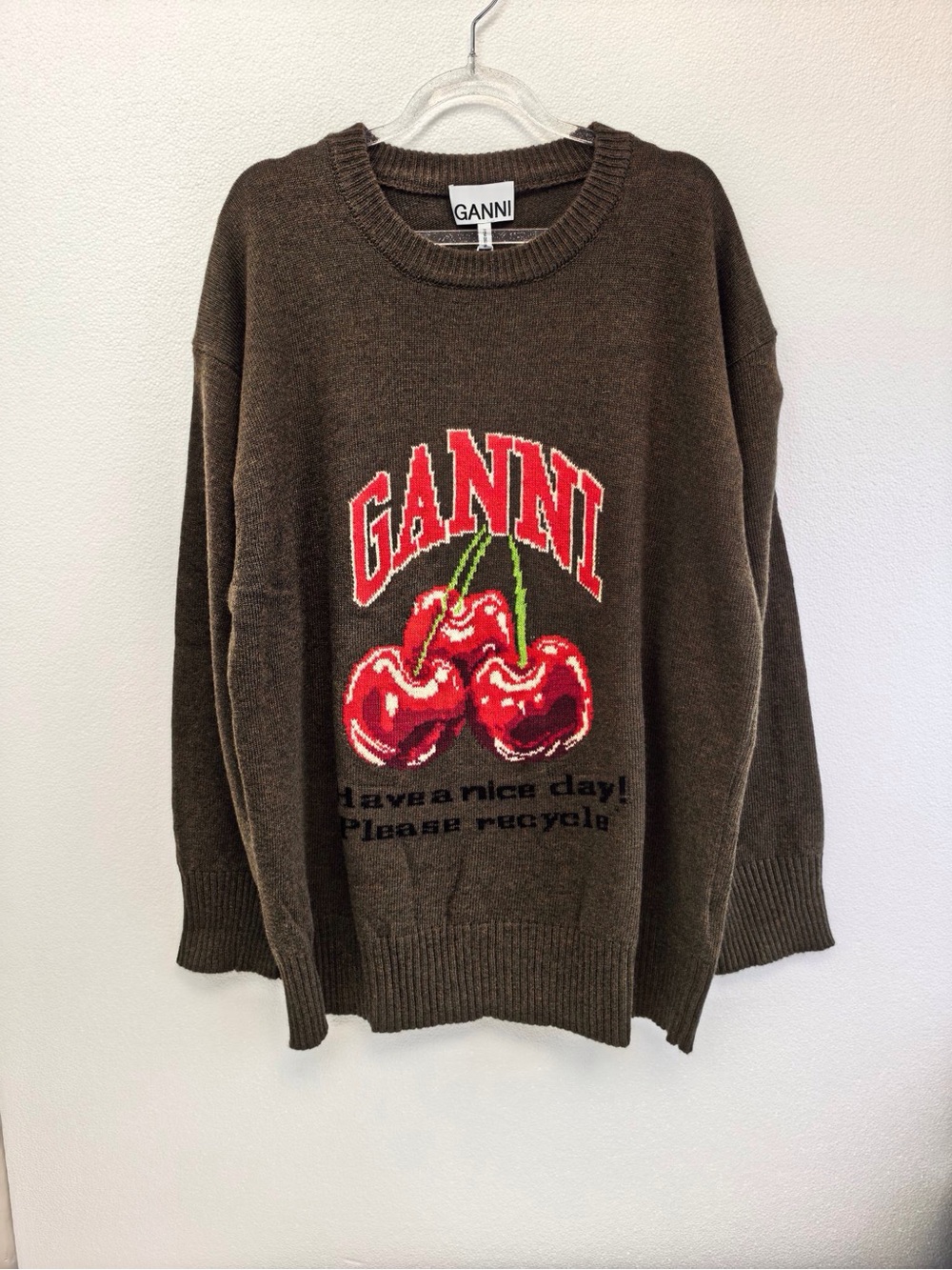 Ganni Brown Crewneck Sweater with Red Cherry Graphic